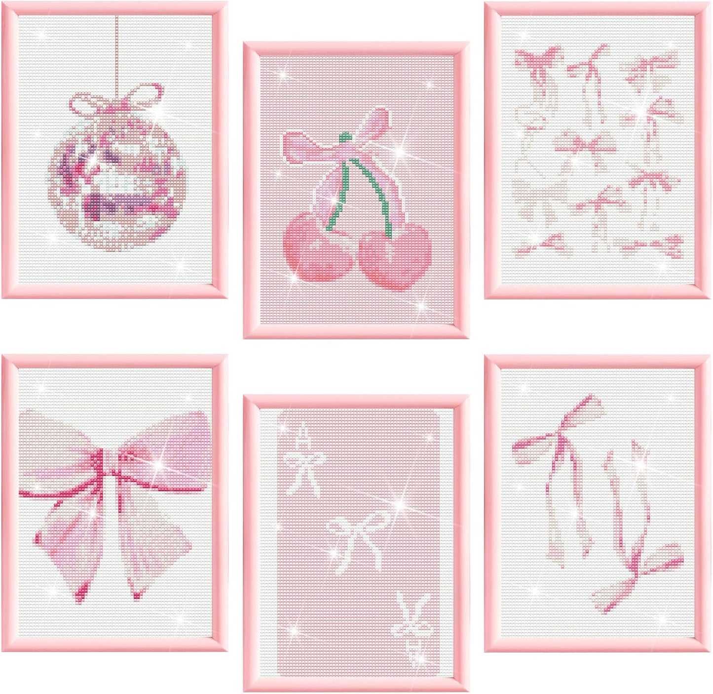 Chunful 6 Pcs Pink Bow Diamond Art Kits for Adults DIY Coquette Painting Wall Art Crafts Preppy Pink Ribbon Disco Ball Aesthetic Room Decor Cute Pictures 5d Craft Wall Decor for Home, 10 x 11.8''