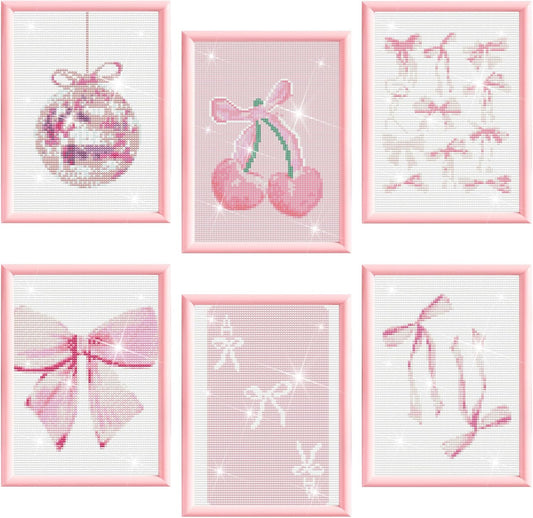 Chunful 6 Pcs Pink Bow Diamond Art Kits for Adults DIY Coquette Painting Wall Art Crafts Preppy Pink Ribbon Disco Ball Aesthetic Room Decor Cute Pictures 5d Craft Wall Decor for Home, 10 x 11.8''