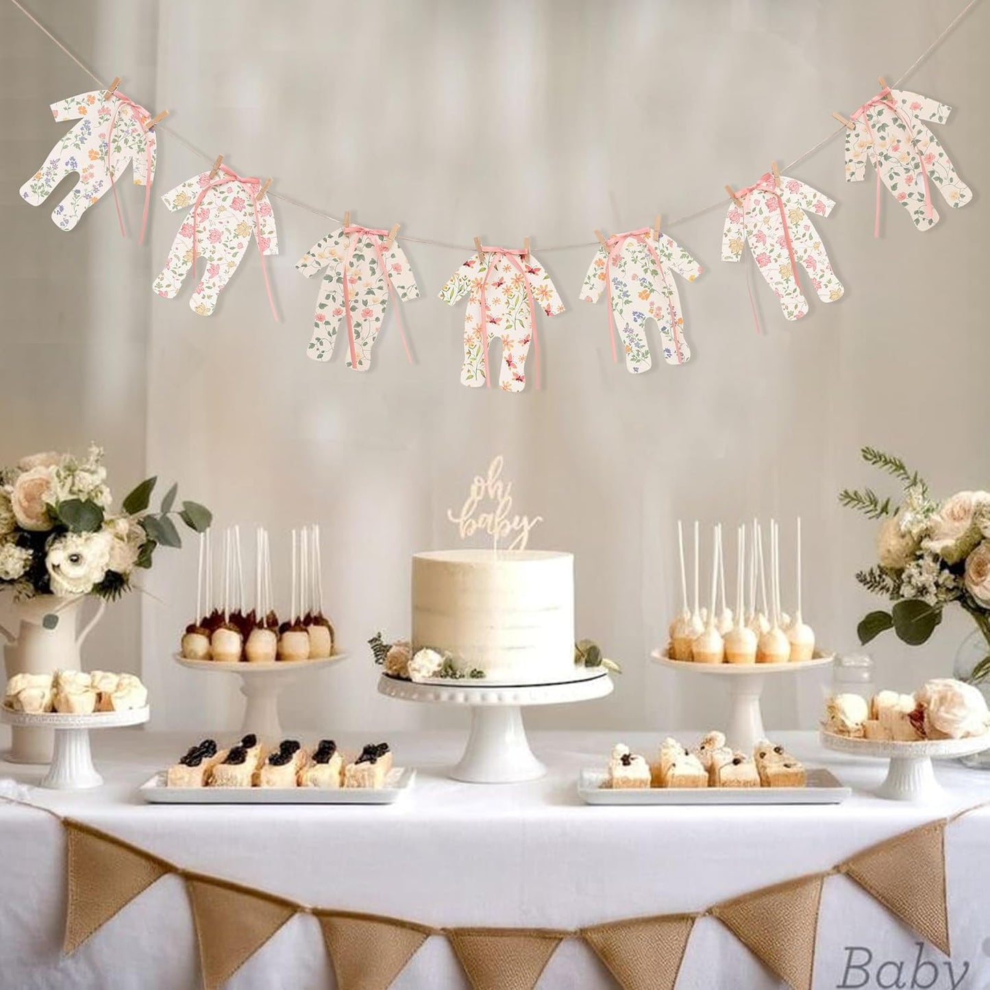 7pcs Neutral Baby Shower Bunting - Pink Baby Pajamas with Ribbon Bows, Gender-Revealing Neutral Party Supplies, Clothesline Birthday Party Banner (Baby Shower Banner Pink)