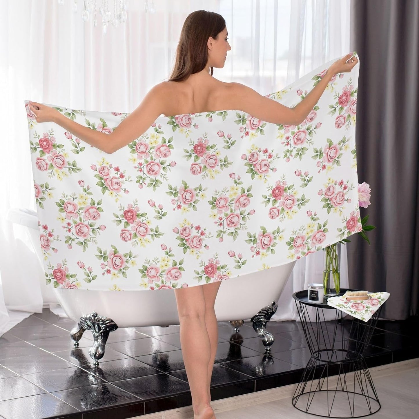 senya Flower Bath Towel Set, Pink Rose Flower Floral Cotton Bath Towels Soft Highly Absorbent Fast Drying for Bathroom Gym Hotel Beach, 1 Bath Towel 1 Washcloth
