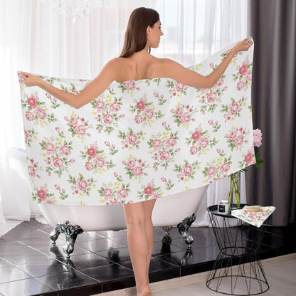senya Flower Bath Towel Set, Pink Rose Flower Floral Cotton Bath Towels Soft Highly Absorbent Fast Drying for Bathroom Gym Hotel Beach, 1 Bath Towel 1 Washcloth
