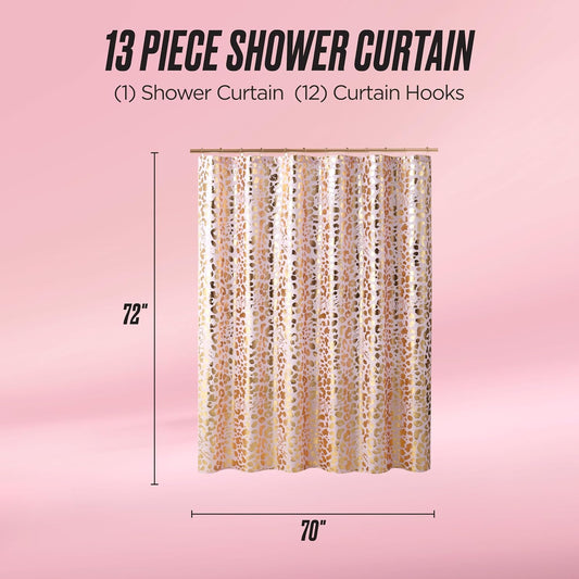 Juicy Couture 70"x72" Fabric Shower Curtain with 12 Hooks, Blush Gold Leopard 13-Piece Shower Set