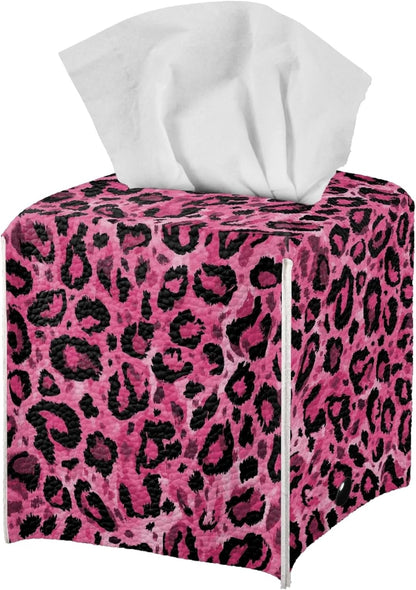 ZFRXIGN Leopard Print Tissue Box Covers Square Cube Tissue Box Covers Pink Tissue Box Cover for Bathroom Night Stand Office Vanity Countertop Leather Facial Paper Organizer Dispenser