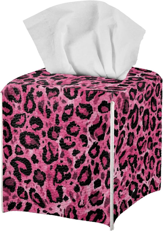 ZFRXIGN Leopard Print Tissue Box Covers Square Cube Tissue Box Covers Pink Tissue Box Cover for Bathroom Night Stand Office Vanity Countertop Leather Facial Paper Organizer Dispenser