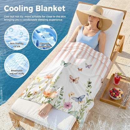 Cooling Blanket for Hot Sleepers Watercolor Butterfly Lightweight Breathable Double Sided Summer Blanket Floral Leaves Pink Strips Cooling Throw Blanket for Couch Bed Night Sweats 30"x40"