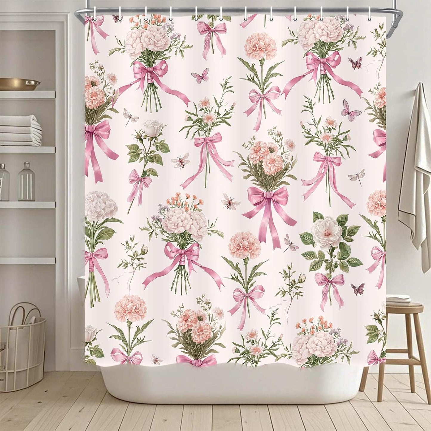 Boho Floral Shower Curtain Pink Bow Wildflower Shower Curtain, Elegant Botanical Floral Leaf Bathroom Decor Flower Plants Bath Curtains, Waterproof Farmhouse Bathroom Curtains, Pink-1 69X70 Inch