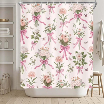 Boho Floral Shower Curtain Pink Bow Wildflower Shower Curtain, Elegant Botanical Floral Leaf Bathroom Decor Flower Plants Bath Curtains, Waterproof Farmhouse Bathroom Curtains, Pink-1 69X70 Inch