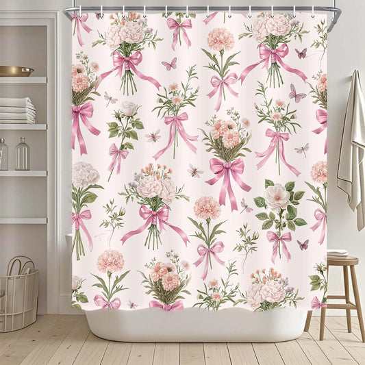 Boho Floral Shower Curtain Pink Bow Wildflower Shower Curtain, Elegant Botanical Floral Leaf Bathroom Decor Flower Plants Bath Curtains, Waterproof Farmhouse Bathroom Curtains, Pink-1 69X70 Inch
