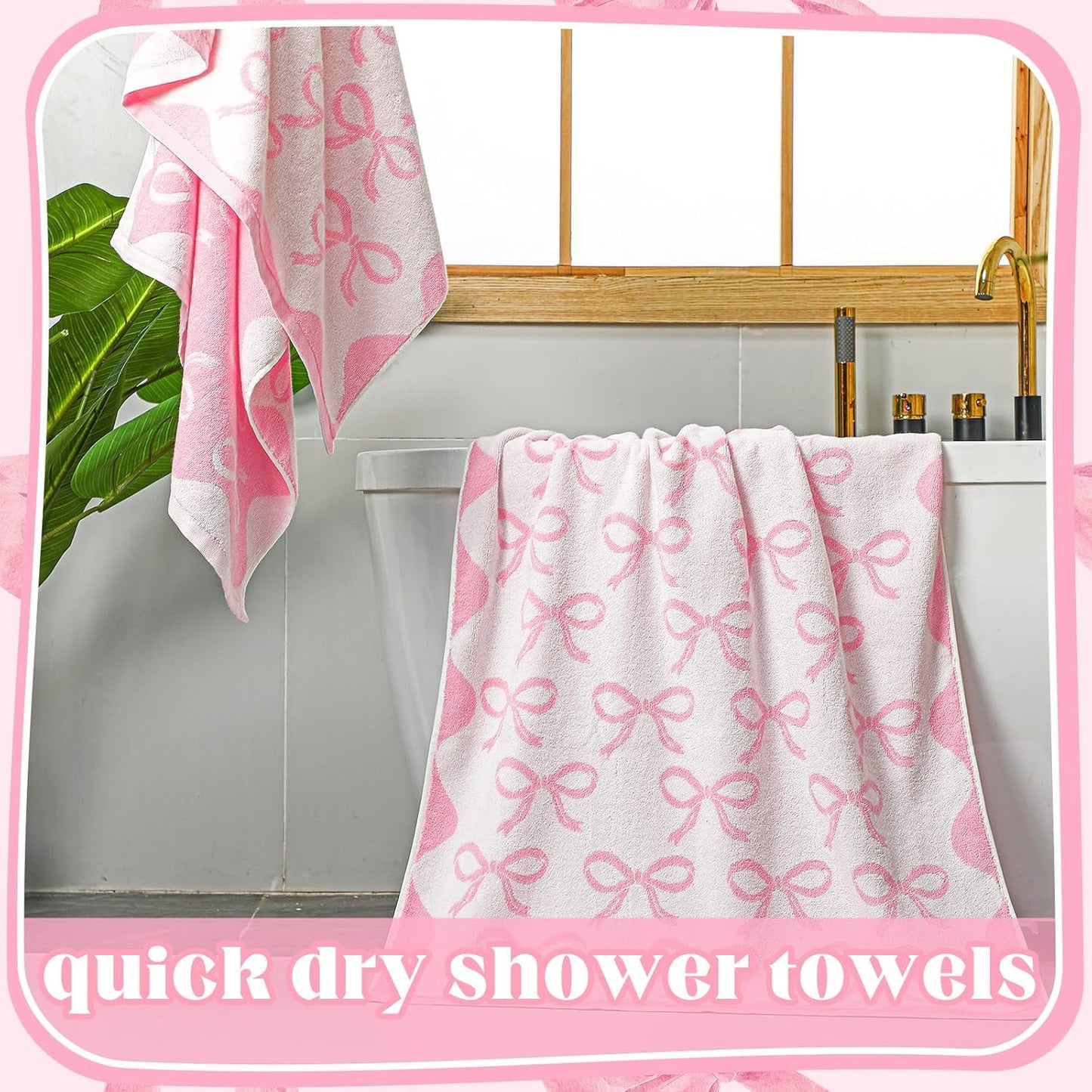 SmoothNovelty 2 Pcs Pink Bow Bathroom Towels 100% Cotton Coquette Bow Bath Towels 28 x 55 Inch Absorbent Soft Preppy Bathroom Decor for Spa Gym Kitchen Women Gifts