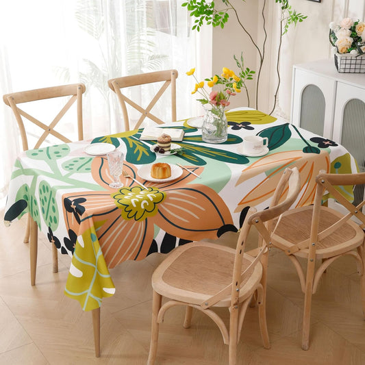 Tyrot Scalloped Boho Floral Rectangle Table Cloth Farmhouse Waterproof Stain Resistant Tablecloth Mid Century Botanical Indoor Outdoor Table Covers for Kitchen Dining/Party, 60x84, Green Pink