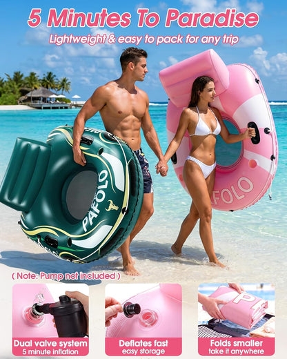 River Tubes for Floating Heavy Duty, 53" Inflatable Pool Floats Adult, Water Tube with Mesh Seat, Full Support Headrest, 2 Cup Holder, 450lb Capacity - Ideal for Pool, River, Lake Float