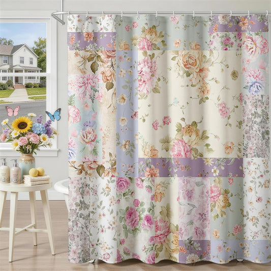Mocsicka Boho Shower Curtain Pink Floral Patchwork Retro Bohemian Floral Bathroom Shower Curtain Vintage Flower Waterproof Fabric Shower Curtains Bathtub Decor with 12 Hooks 72 X 72 Inch