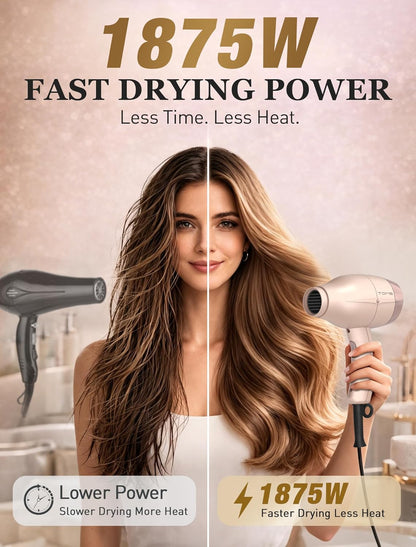 TOME Hair Dryer, Blow Dryer Ionic Cool Shot Curly Hair with Diffuser,1875W Fast Drying Blow Dryer with Ceramic Technology, 3 Attachments for All Hair Types, Light and Quiet, Pink