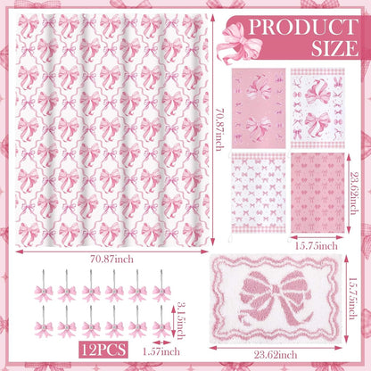 Fourluoo 18 Pcs Pink Bow Shower Curtain Set with 12 Decorative Shower Curtain Hooks Pink Bow Knot Bathroom Towels Coquette Non Slip Absorbent Microfiber Rug for Christmas Modern Aesthetic Bathroom