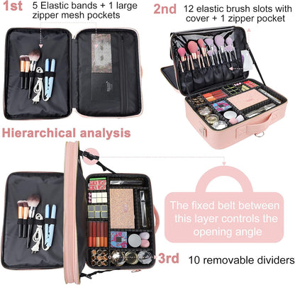 Travel Makeup Train Case,Large Capacity Cosmetic Bags for Women,Portable Makeup Bag Organizer with Adjustable Dividers & Shoulder Strap(Pink, L)