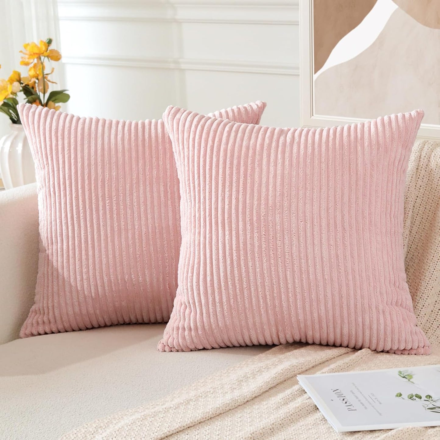 OTOSTAR Pack of 2 Throw Pillow Covers 18 x 18 Inch Soft Corduroy Decorative Square Solid Striped Cushion Case Couch Farmhouse Home Boho Decor Throw Pillows for Sofa Bed Living Room (Pink)