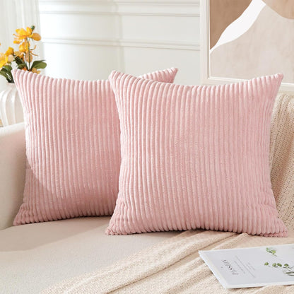 OTOSTAR Pack of 2 Throw Pillow Covers 18 x 18 Inch Soft Corduroy Decorative Square Solid Striped Cushion Case Couch Farmhouse Home Boho Decor Throw Pillows for Sofa Bed Living Room (Pink)