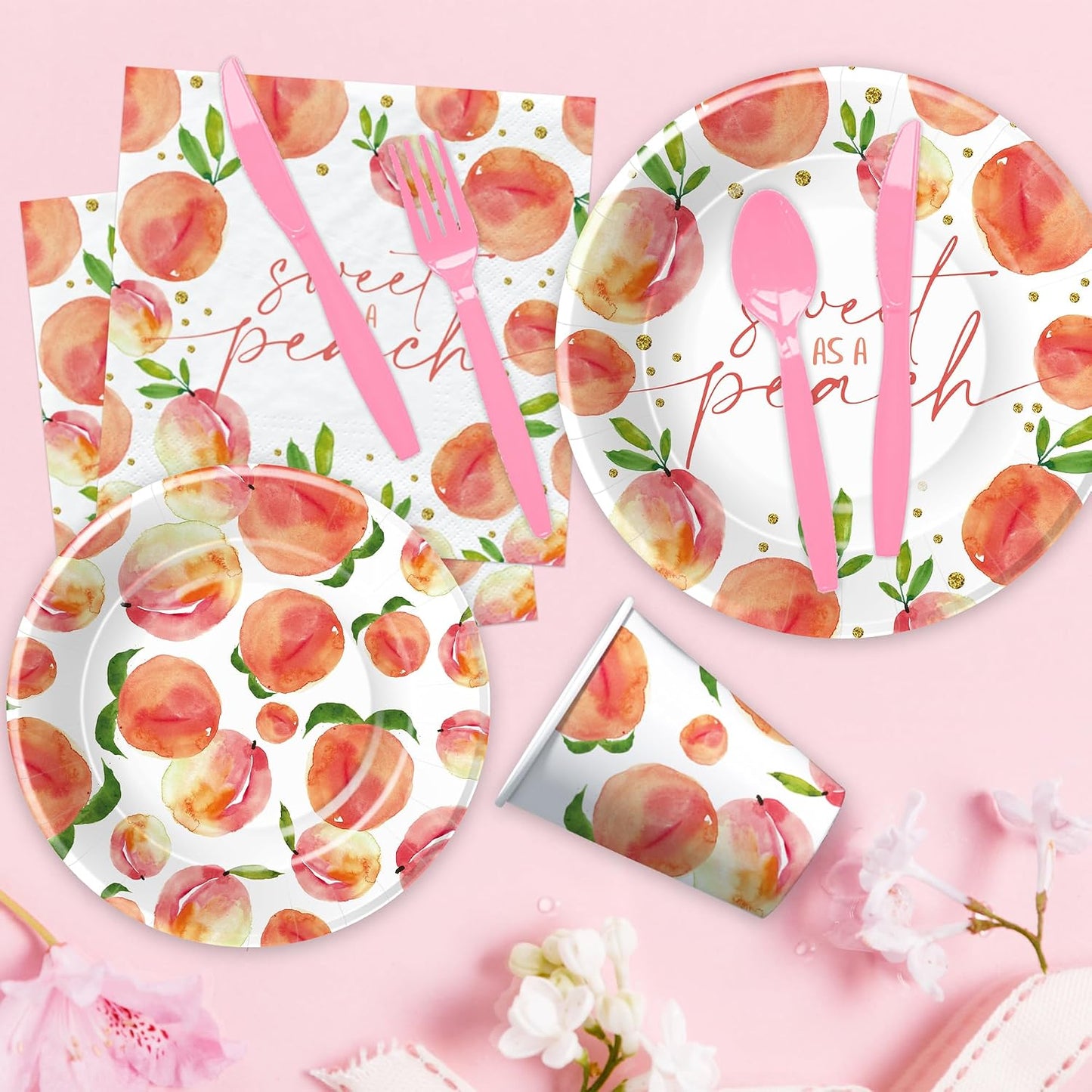 Peach Decorations Party Tableware - Fruit Theme One Sweet Peach Birthday Supplies, Plate, Cup, Napkin, Tablecloth, Cutlery, Baby Shower Decorations | Serves 24