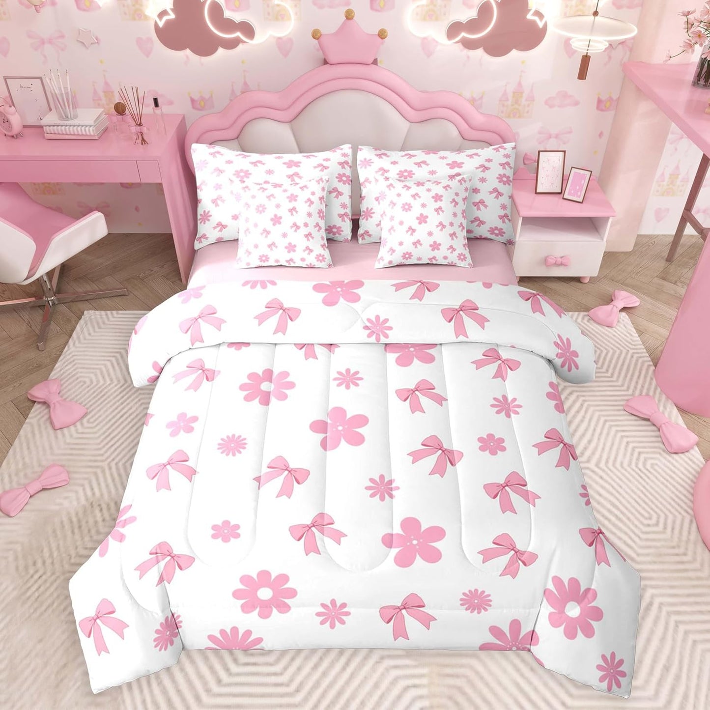 Feelyou Cute Bow Twin Comforter Set with Sheets for Kids Boys Girls Kawaii Flower Floral 7 Pieces Bedding Set Pink Bed in a Bag Room Decor Soft Lightweight Microfiber