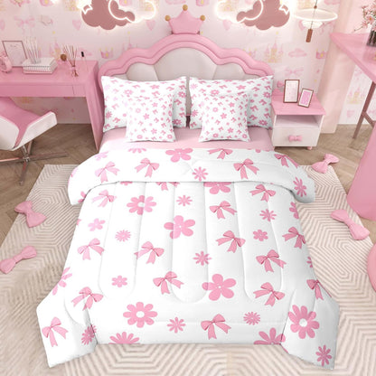 Feelyou Cute Bow Twin Comforter Set with Sheets for Kids Boys Girls Kawaii Flower Floral 7 Pieces Bedding Set Pink Bed in a Bag Room Decor Soft Lightweight Microfiber