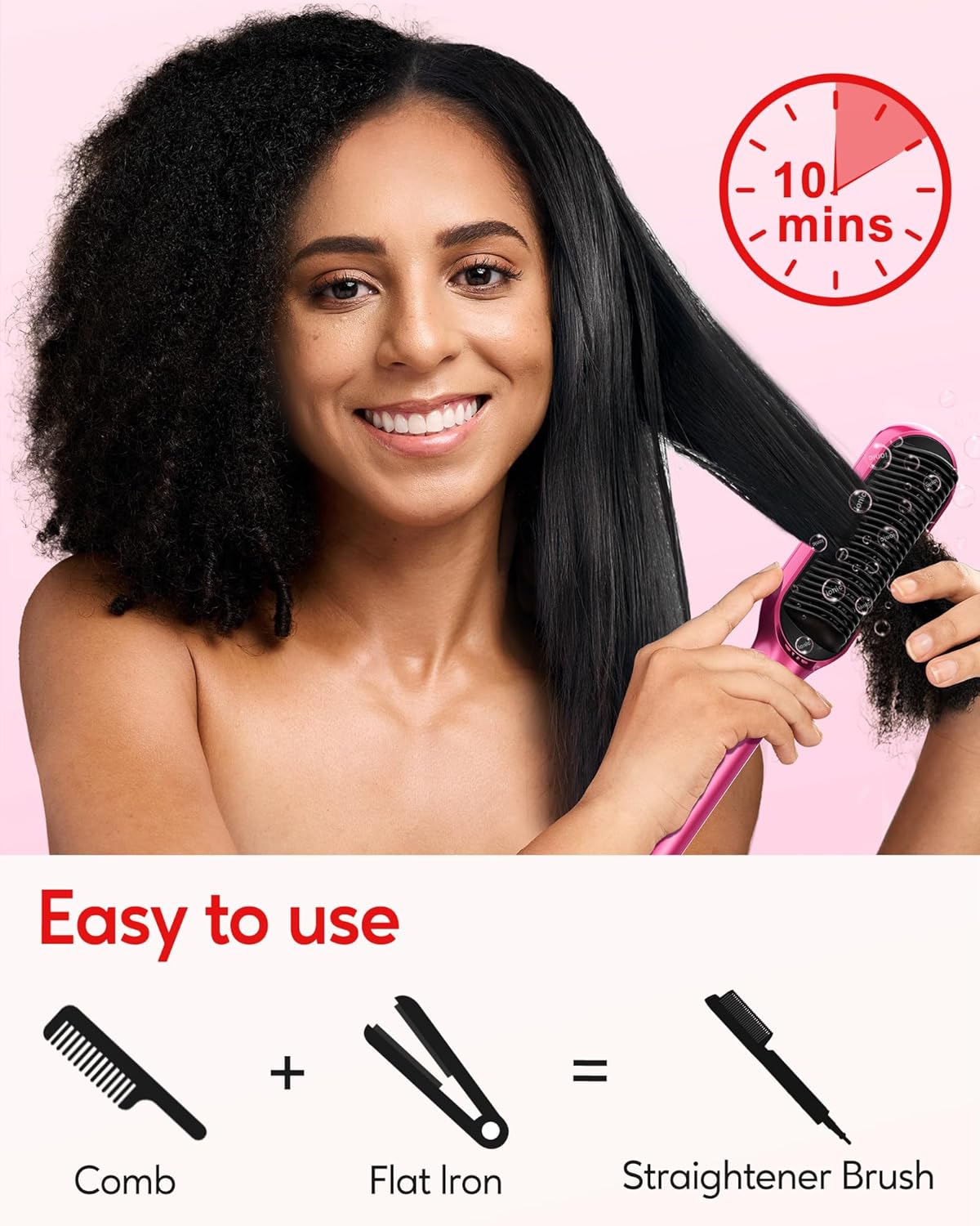 Terviiix Hair Straightening Brush Magenta - Rapid Heat Hair Straightener Brush 450°F in 20S, Ionic Technology, 13 Settings, Dual Voltage, Anti-Scald, for Frizz Control & Daily Styling