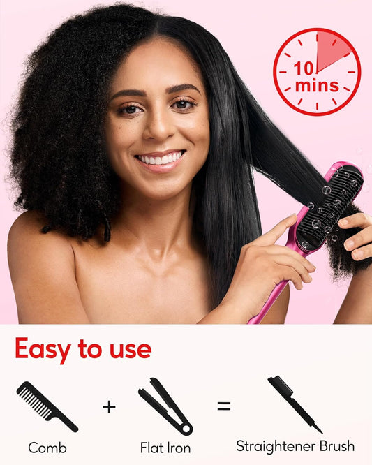 Terviiix Hair Straightening Brush Magenta - Rapid Heat Hair Straightener Brush 450°F in 20S, Ionic Technology, 13 Settings, Dual Voltage, Anti-Scald, for Frizz Control & Daily Styling