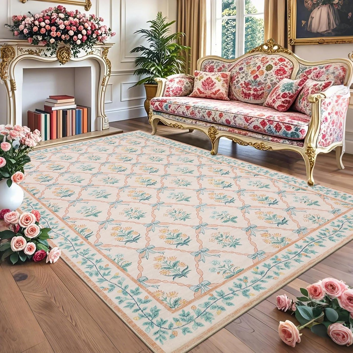 ROYHOME Area Rugs 9x12 Living Room, Pink Washable Rug for Bedroom Girl with Coquette Bow Floral Pattern Non Slip Low-Pile Stain Resistant Large Throw Carpet for Dining Room Dorm Nursery, Pink