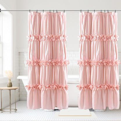 Homechoice Decor 2-Piece Peach Shower Curtain Set, Soft Fabric Double Panels for Easy Access, Cozy Brushed Texture, Ruffle Design, Everyday Bathroom Décor, 36" W x 72" H x 2 Panels (LQ-44)