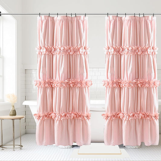 Homechoice Decor 2-Piece Peach Shower Curtain Set, Soft Fabric Double Panels for Easy Access, Cozy Brushed Texture, Ruffle Design, Everyday Bathroom Décor, 36" W x 72" H x 2 Panels (LQ-44)