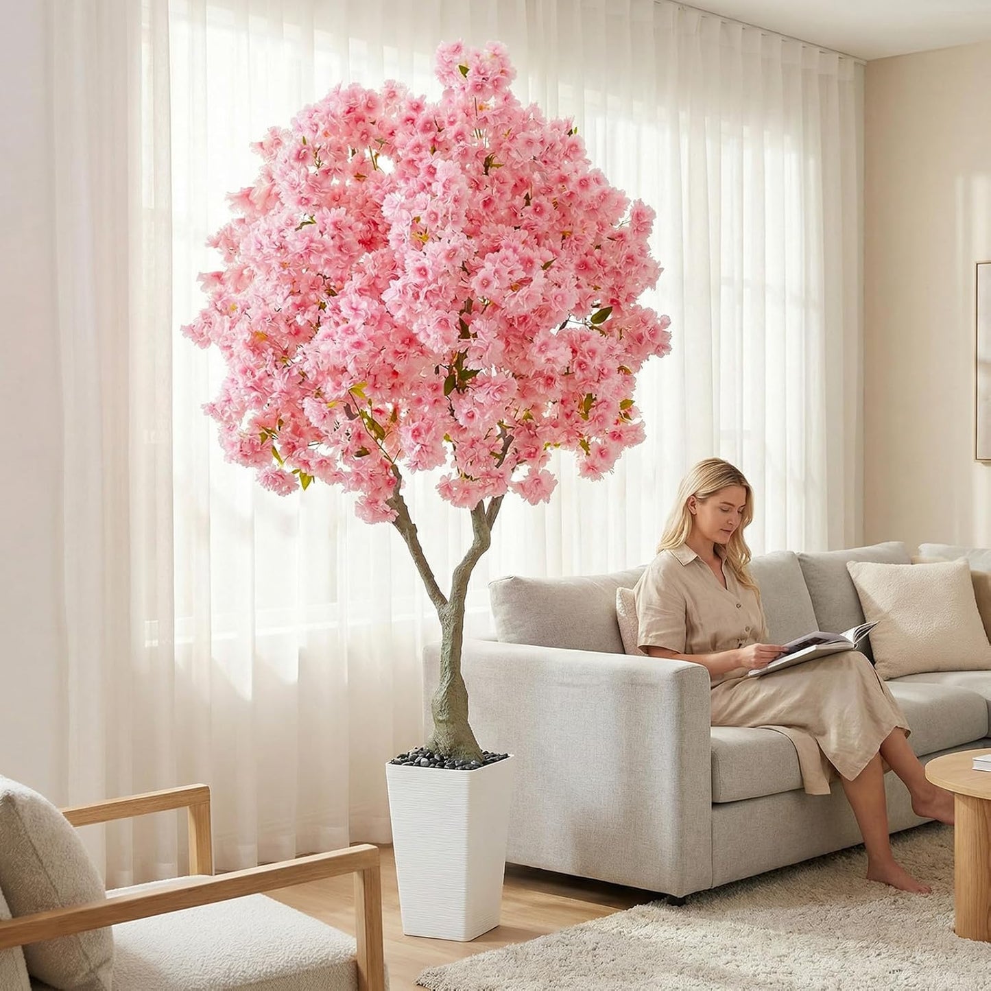 Artificial Cherry Blossom Tree 6FT Tall Pink Fake Sakura Flowers Tree, Fake Plants Indoor Decor for Spring Living Room Home House Entryway Bedroom Office Inside Wedding Party Valentine's Day