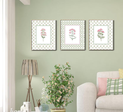 3Pcs Pink Green Floral Wall Art Wildflower Baby Room Painting Picture Wall Decor Pastel Botanical Poster Print Artwork for Bedroom Living Room Girls Bedroom Nursery Dining Room Home Decoration