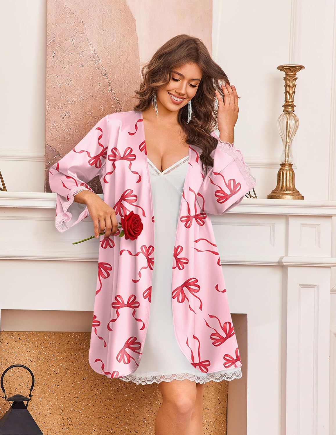 Ekouaer Silk Robe for Women Short Satin Robe 3/4 Sleeves Lace Trim Kimono Bathrobe Sexy Bride Bridsmaid Sleepwear with Pocket