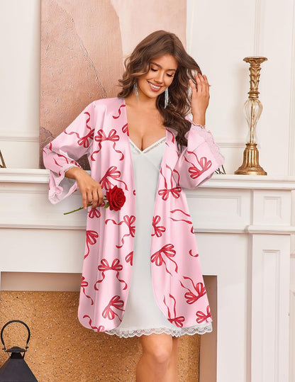 Ekouaer Silk Robe for Women Short Satin Robe 3/4 Sleeves Lace Trim Kimono Bathrobe Sexy Bride Bridsmaid Sleepwear with Pocket