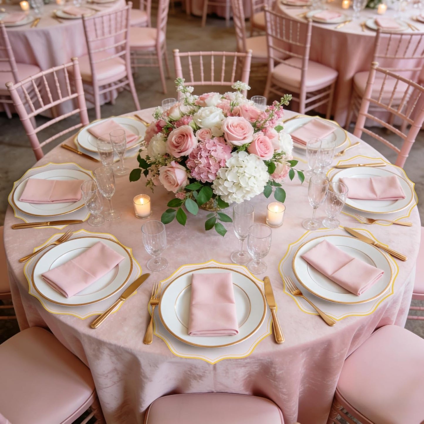 120 Pcs Pink Round Paper Placemats 13.5 Inch Disposable Paper Placemats with Gold Printed Wavy Edged Scalloped Decorative Table Mat for Wedding Party Baby Shower Banquet Holiday Dining Table Decor