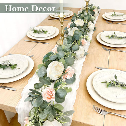 2 Pack 13Ft Artificial Eucalyptus Flower Garland with 16 White Peony Pink Rose, Baby Breath Fake Flowers Greenery Garland Floral Vine for Mantle Wedding Table Runner Centerpiece Backdrop Home Decor