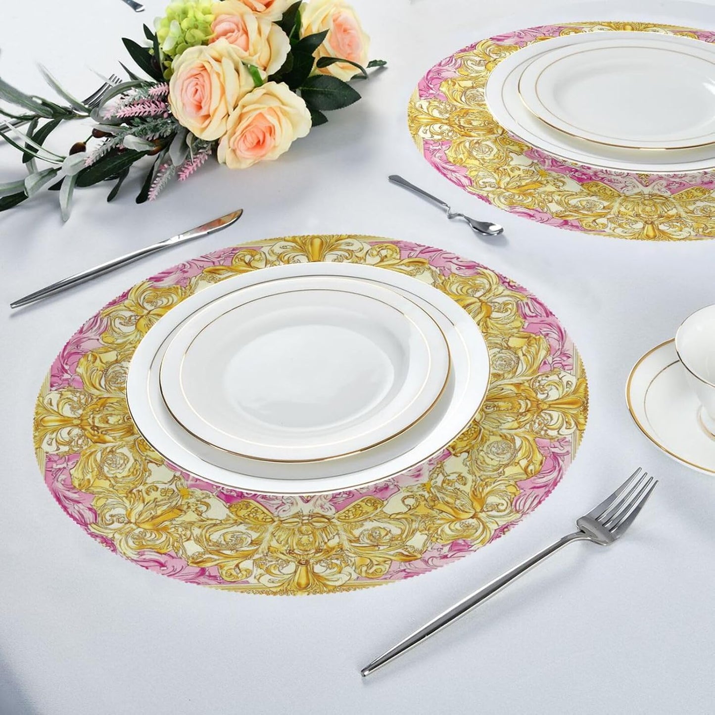 Retro Floral Pattern Gold and Peach placemat Round Table Reusable placemat Washable placemat Moroccan placemats for Dining Table placemats Heat Resistant Waterproof Place Settings for 6 for