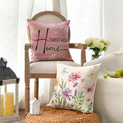 AVOIN colorlife Spring Saying Flowers Butterfly Pink Throw Pillow Covers, 18 x 18 Inch Home Sweet Home Cushion Case for Sofa Couch Set of 4