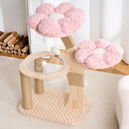 HITTITE Flower Cat Tree with Scratching Post, 36 Inches Cute Cat Tower with Wooden Branch Design, Modern Cat Climbing Tower with Flower Perches and Space Capsule for Indoor Cats Large Adult. Pink