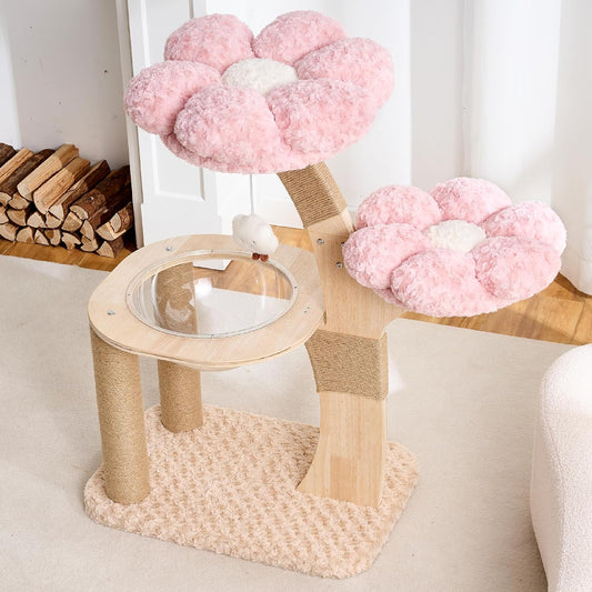 HITTITE Flower Cat Tree with Scratching Post, 36 Inches Cute Cat Tower with Wooden Branch Design, Modern Cat Climbing Tower with Flower Perches and Space Capsule for Indoor Cats Large Adult. Pink