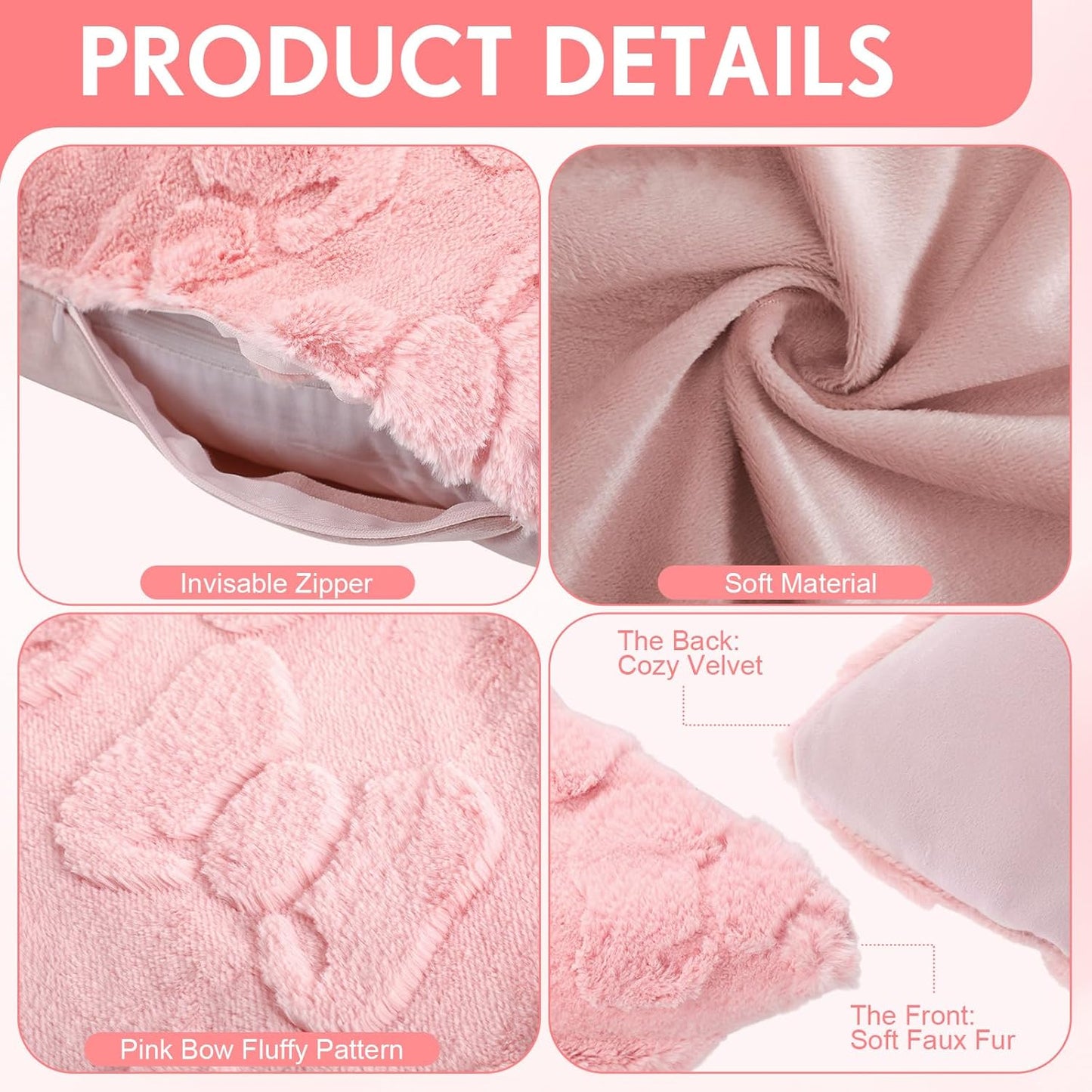 Tiamon 4 Pack Pink Bow Throw Pillow Covers 18 x 18 in Cute Velvet Bow Embroidered Cushion Cover Faux Fur Coquette Preppy Room Decor for Home Room Bedroom Sofa Couch Aesthetic Decorative Pillowcase