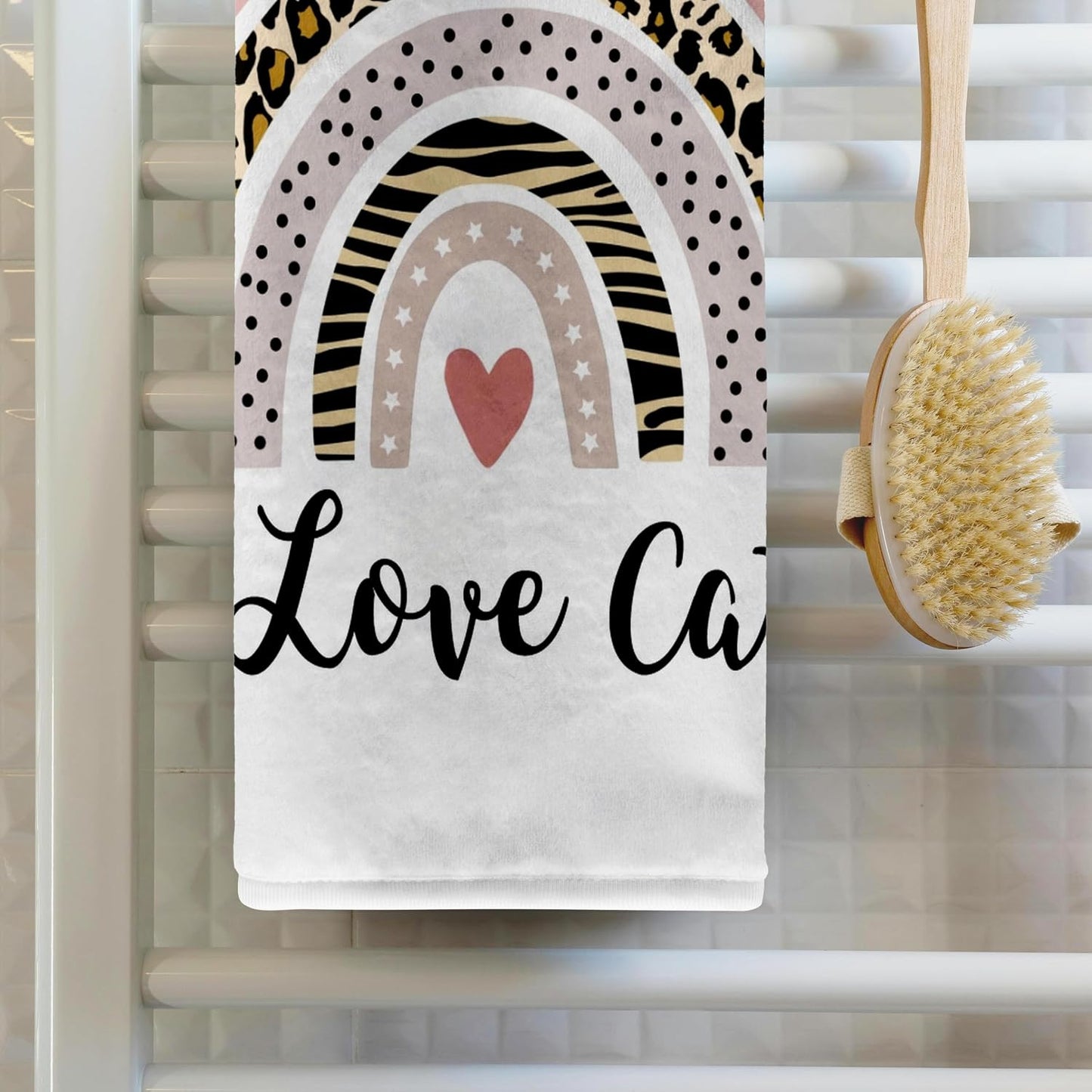 3dRose I Love Cats - Cat Lover Cute Leopard Print Rainbow Pink Heart pet Fan 22x30 Bath Hand Pool Towel