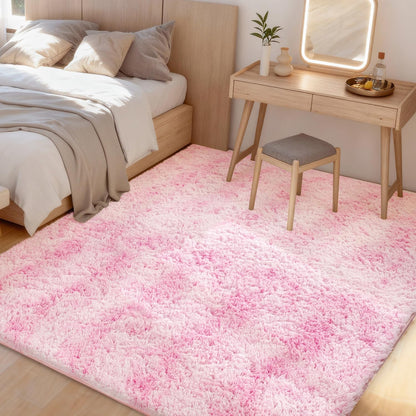 Litanika 5x8 Fluffy Shag Faux Fur Area Rug for Living Room Bedroom, Tie-Dyed Pink High Pile Soft Plush Shaggy Furry Bedside Playroom Dorm Carpet, Non-Slip, Non-Shedding Modern Indoor Floor Rug