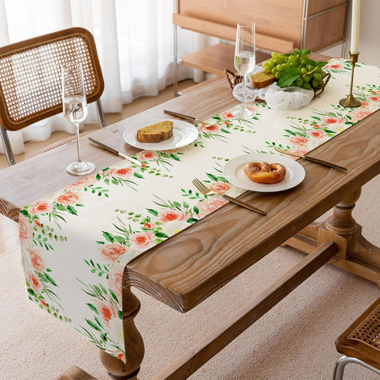 Watercolor Peach Floral Table Runner, Seasonal Summer Greenery Wreath Holiday Kitchen Dining Table Decoration for Home Party Decor 13 x 90 Inch