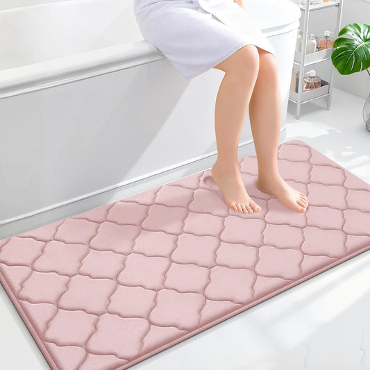 OLANLY Memory Foam Bath Mat Rug 47x24, Ultra Soft and Absorbent Bathroom Rugs, Non-Slip, Comfortable, Machine Washable Bath Carpet for Bathroom Floor, Tub, Shower and Home Decor Accessories, Pink