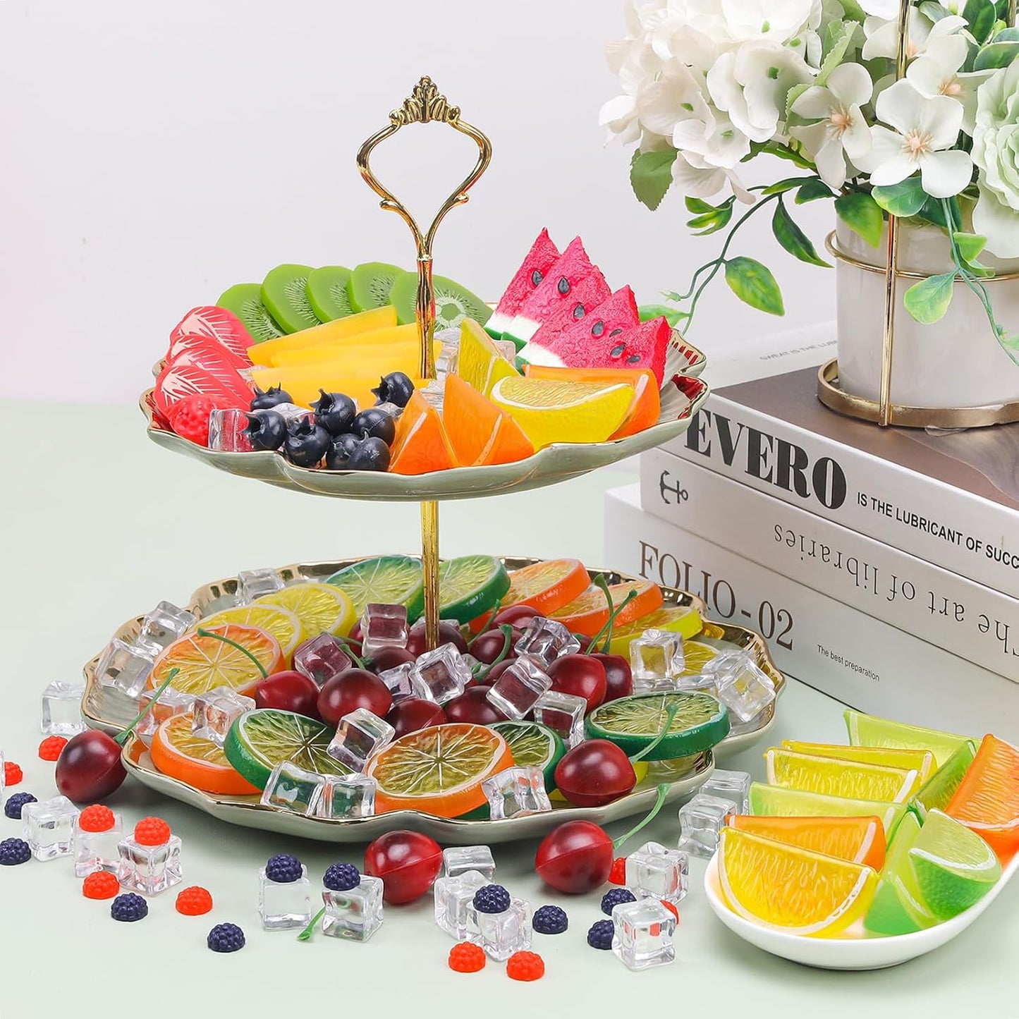 Gresorth 160pcs Artificial Kiwi Slice Yellow Peach Lemon Decoration Fake Watermelon Strawberry Block Realistic Raspberry Blueberry Cherry Ice Cube Display