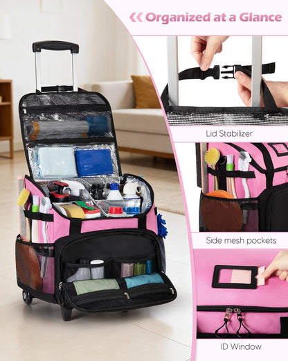 Marscamd Large Rolling Cleaning Caddy Bag with Detachable Trolley, Cleaning Supplies Organizer with Wheels for Housekeepers, Pink