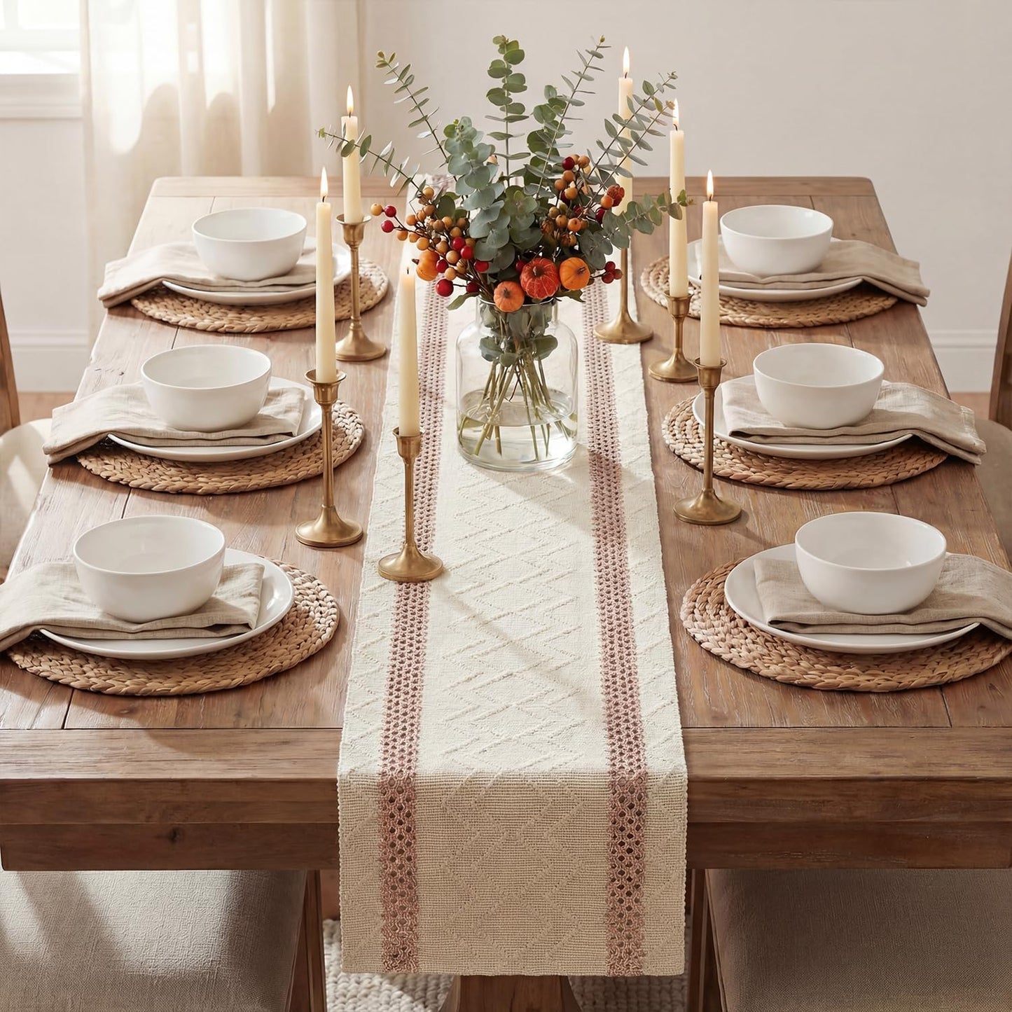 Artoid Mode Pink Stripe Woven Table Runner, Seasonal Holiday Hollow Kitchen Dining Table Decoration for Home Party Decor 12x72 Inch