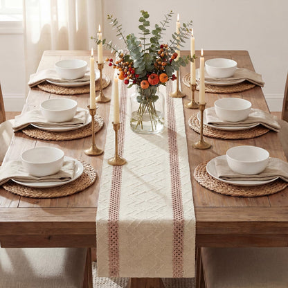 Artoid Mode Pink Stripe Woven Table Runner, Seasonal Holiday Hollow Kitchen Dining Table Decoration for Home Party Decor 12x72 Inch