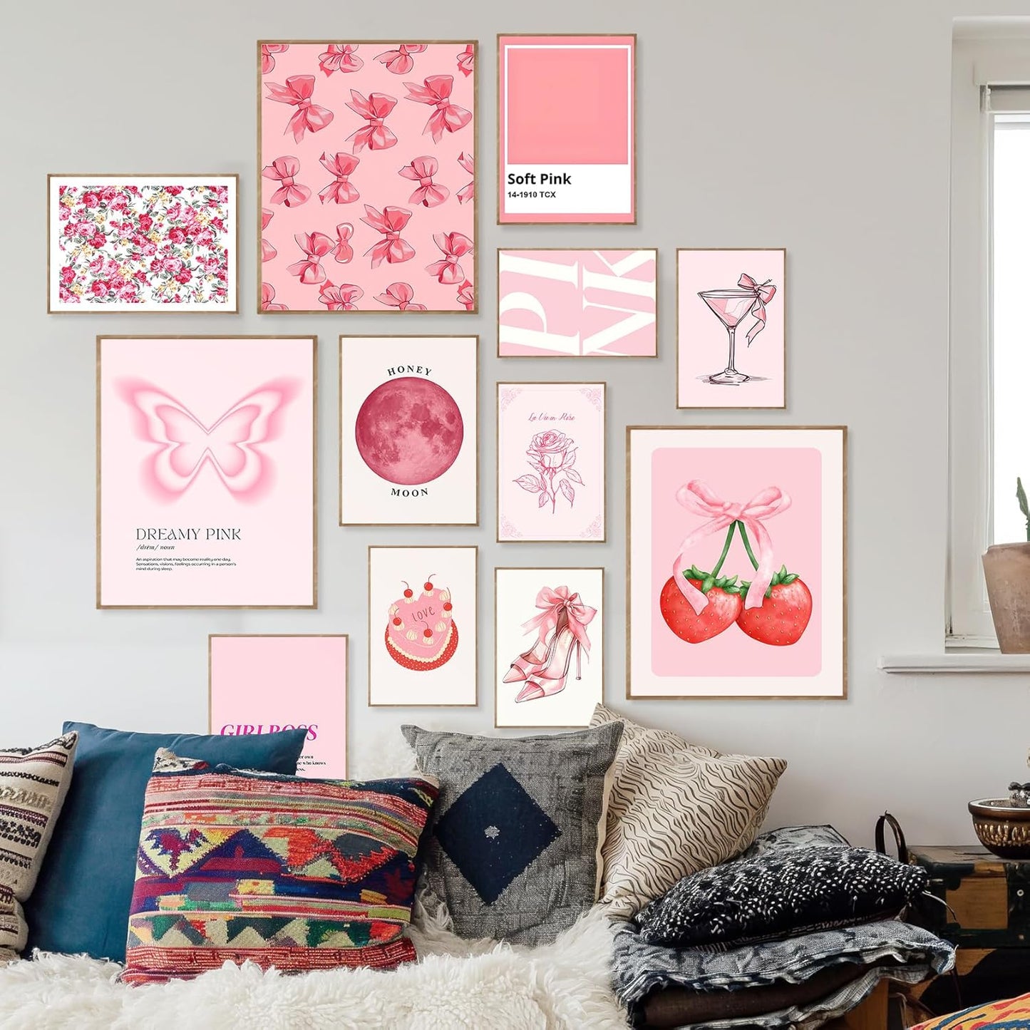 KINYEYE Pink Wall Decor Aesthetic Pictures Abstract Danish Pastel Prins Light Pink Dorm Wall Decor(UNFRAMED)