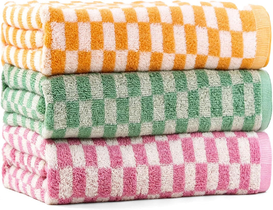 Checkered Bath Towels Set of 3, 100% Cotton Bath Towels Large, 600GSM, 55 * 28 in, Luxury Shower Towels for Bathroom, Soft Absorbent Quick-Dry（Orange+Dark Green+Pink）